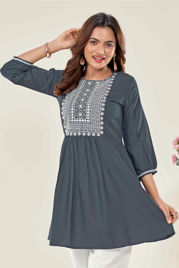 99 Fashion Bazaar  Casual Wear Embroidered Flaired Top - Gray, XS