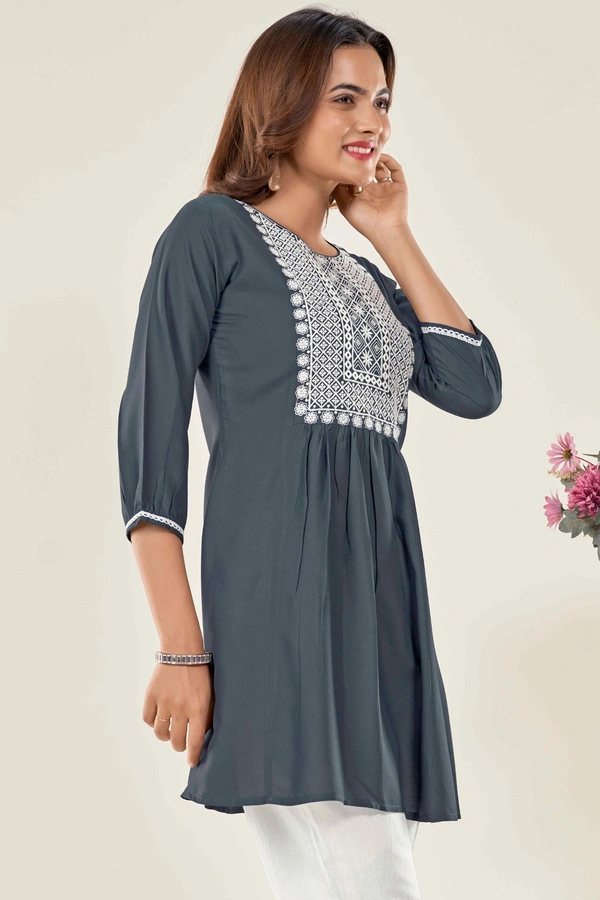 99 Fashion Bazaar  Casual Wear Embroidered Flaired Top - Gray, XXL