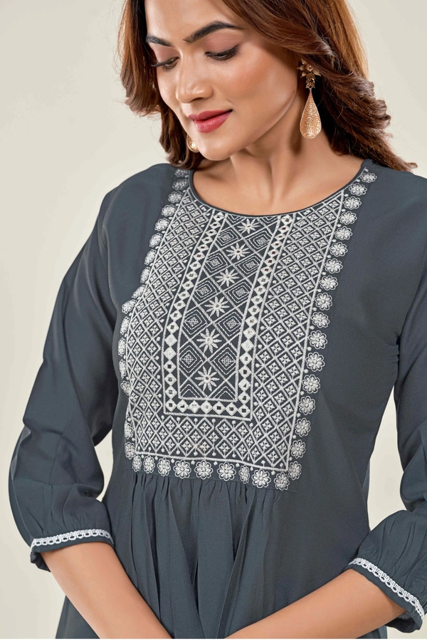 99 Fashion Bazaar  Casual Wear Embroidered Flaired Top - Gray, M