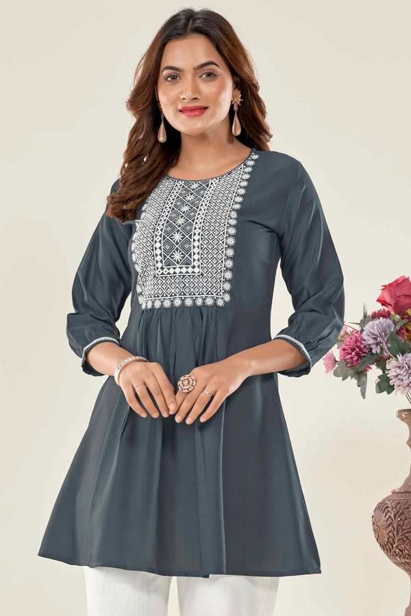 99 Fashion Bazaar  Casual Wear Embroidered Flaired Top - Gray, XS