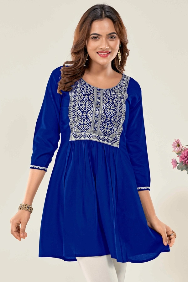 99 Fashion Bazaar  Casual Wear Embroidered Flaired Top - Blue, XS