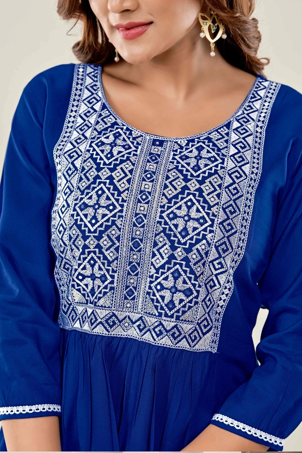 99 Fashion Bazaar  Casual Wear Embroidered Flaired Top - Blue, XS