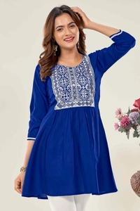 99 Fashion Bazaar  Casual Wear Embroidered Flaired Top - Blue, XS