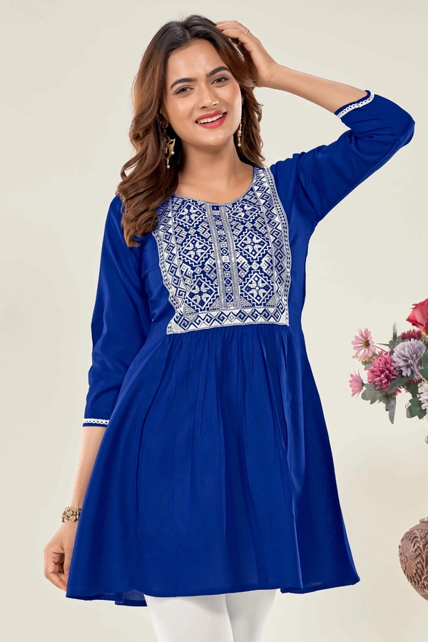 99 Fashion Bazaar  Casual Wear Embroidered Flaired Top - Blue, XL