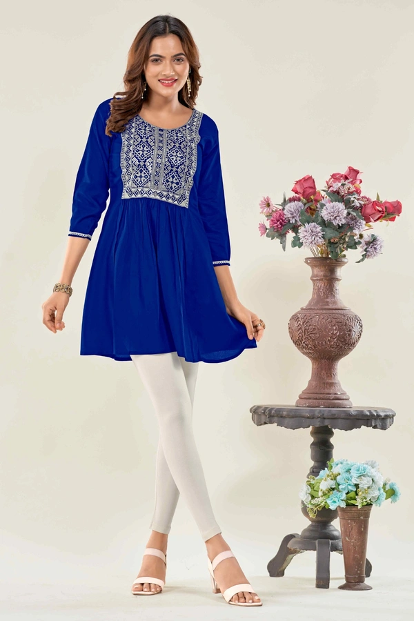 99 Fashion Bazaar  Casual Wear Embroidered Flaired Top - Blue, XL