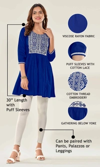 99 Fashion Bazaar  Casual Wear Embroidered Flaired Top - Blue, XS