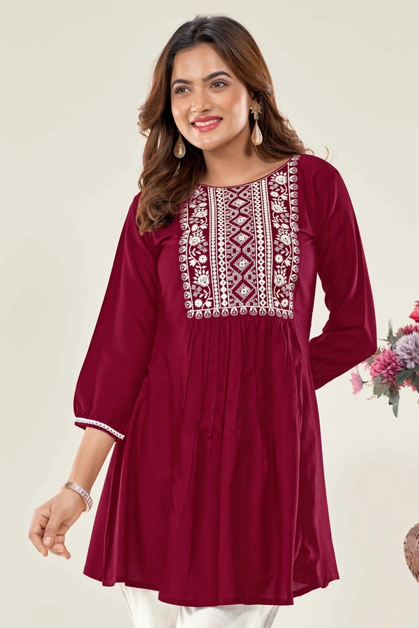 99 Fashion Bazaar  Casual Wear Embroidered Flaired Top - Guardsman Red, L