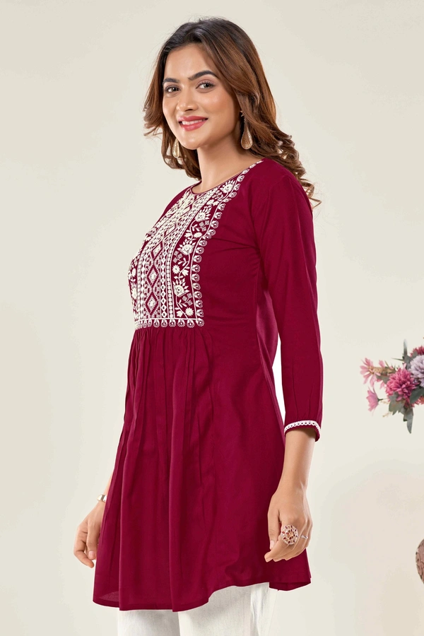 99 Fashion Bazaar  Casual Wear Embroidered Flaired Top - Guardsman Red, XXL