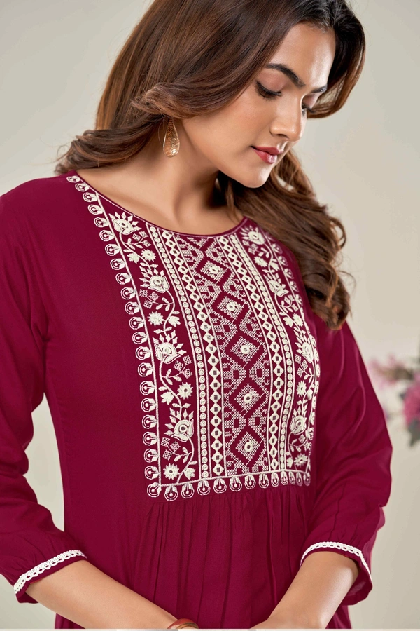99 Fashion Bazaar  Casual Wear Embroidered Flaired Top - Guardsman Red, M