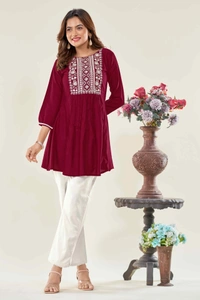 99 Fashion Bazaar  Casual Wear Embroidered Flaired Top - Guardsman Red, S