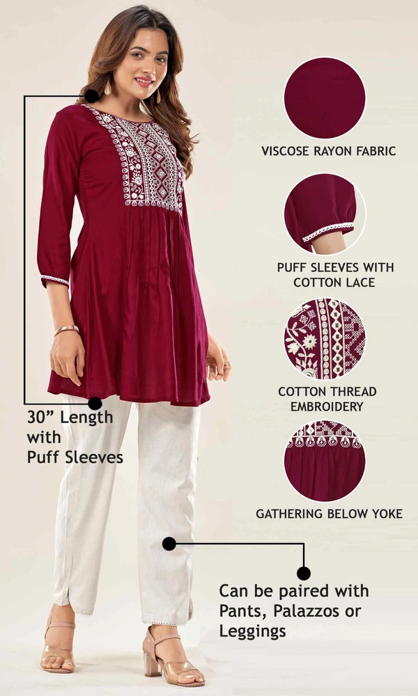 99 Fashion Bazaar  Casual Wear Embroidered Flaired Top - Guardsman Red, S