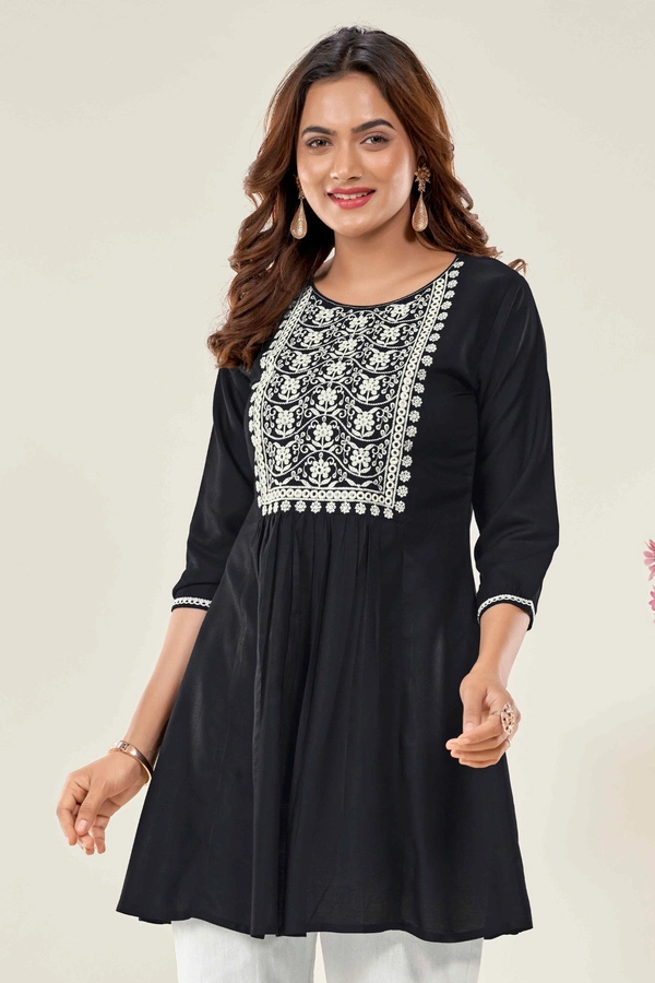 99 Fashion Bazaar  Casual Wear Embroidered Flaired Top - Black, XS