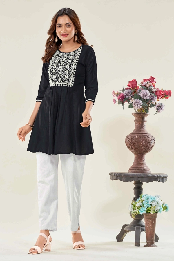 99 Fashion Bazaar  Casual Wear Embroidered Flaired Top - Black, XS