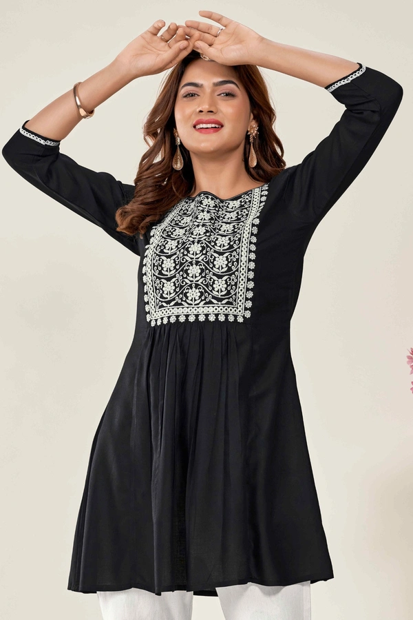 99 Fashion Bazaar  Casual Wear Embroidered Flaired Top - Black, XS