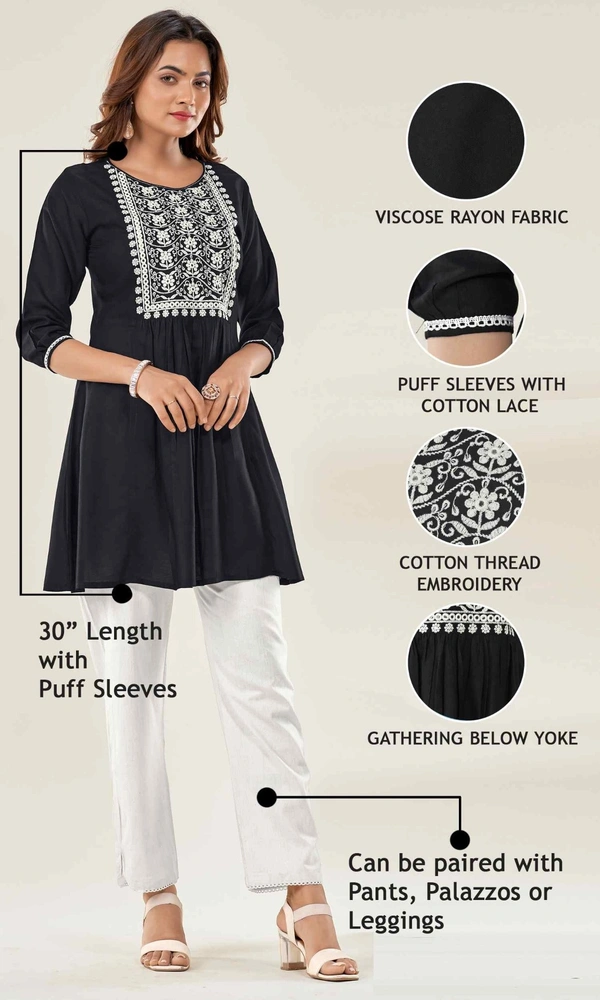 99 Fashion Bazaar  Casual Wear Embroidered Flaired Top - Black, XS