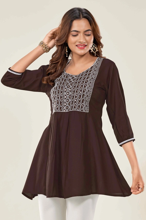99 Fashion Bazaar  Casual Wear Embroidered Flaired Top - Brown, S