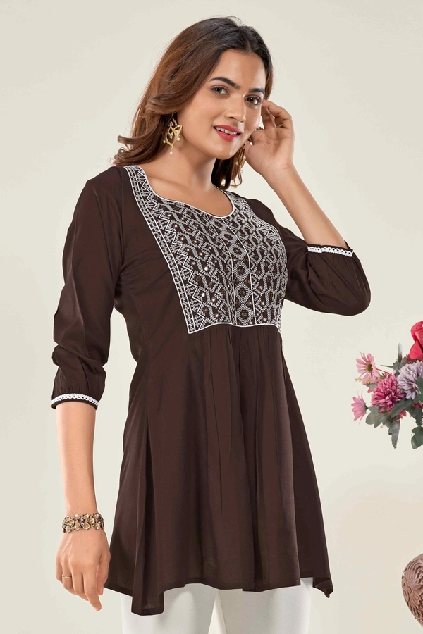 99 Fashion Bazaar  Casual Wear Embroidered Flaired Top - Brown, M
