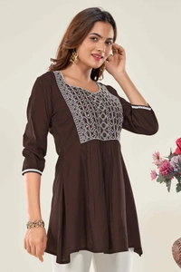 99 Fashion Bazaar  Casual Wear Embroidered Flaired Top - Brown, XXL