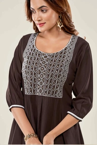 99 Fashion Bazaar  Casual Wear Embroidered Flaired Top - Brown, M