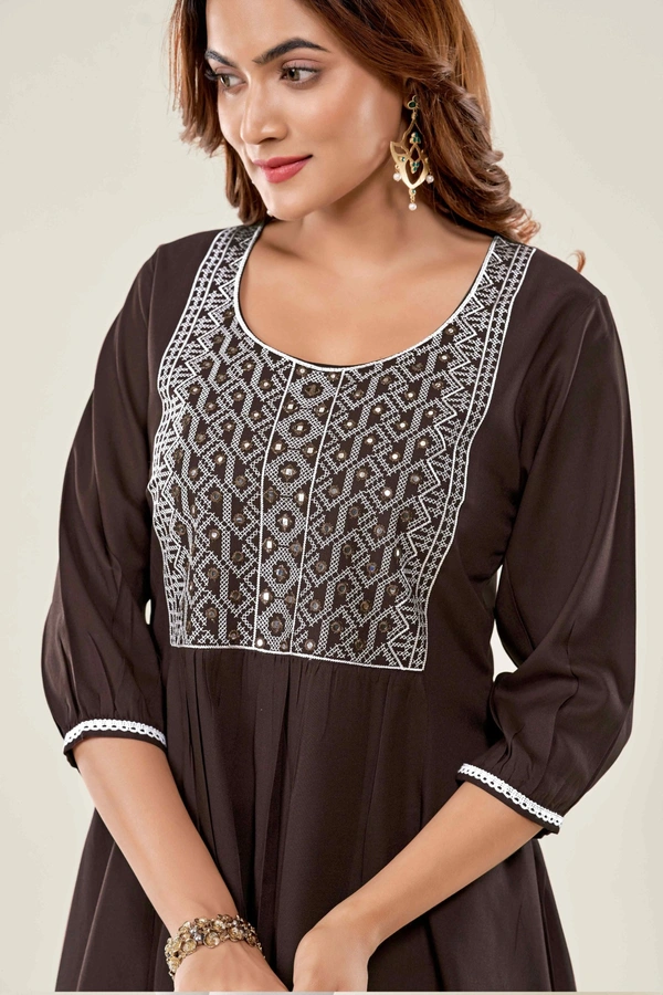 99 Fashion Bazaar  Casual Wear Embroidered Flaired Top - Brown, M