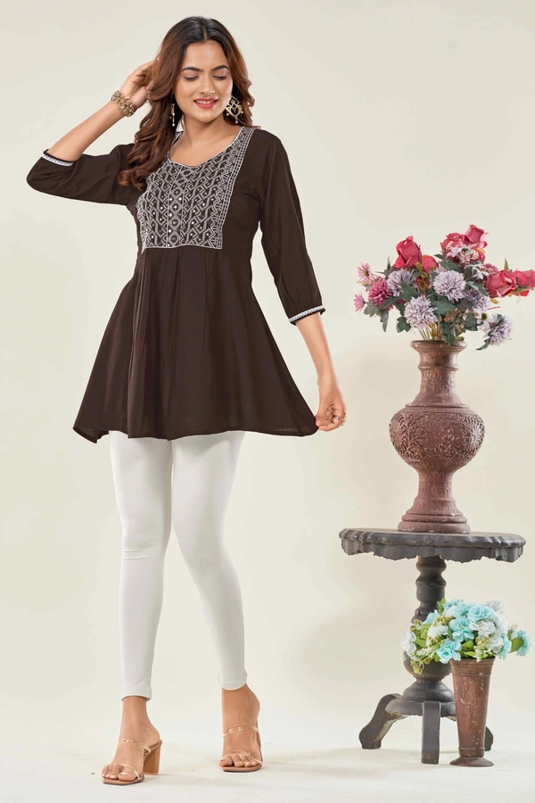 99 Fashion Bazaar  Casual Wear Embroidered Flaired Top - Brown, M