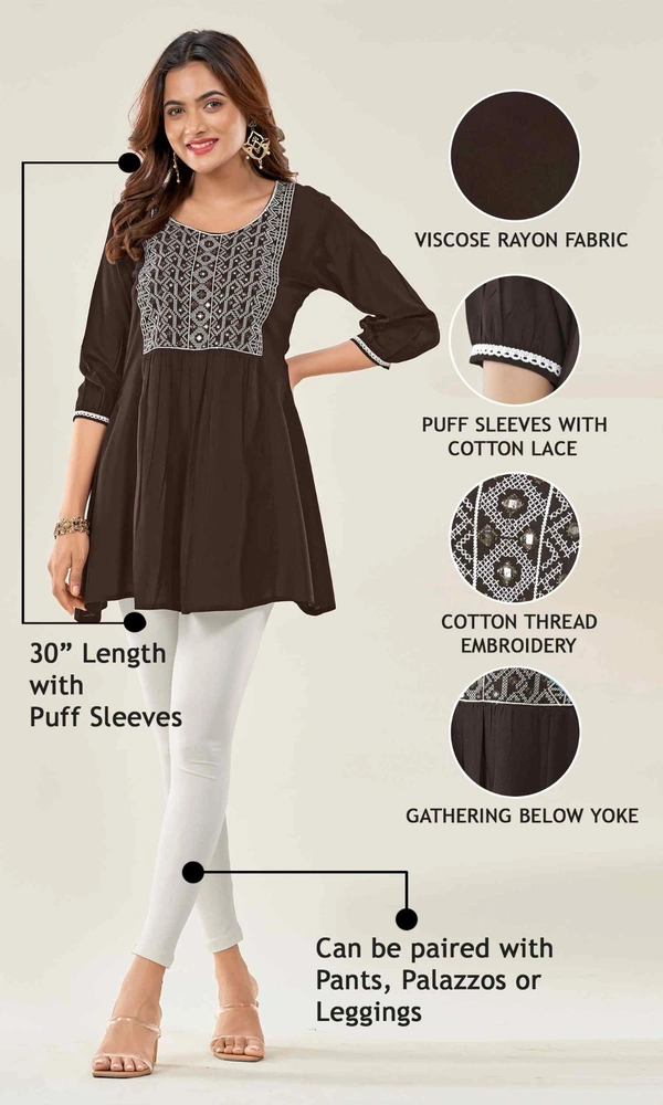 99 Fashion Bazaar  Casual Wear Embroidered Flaired Top - Brown, L