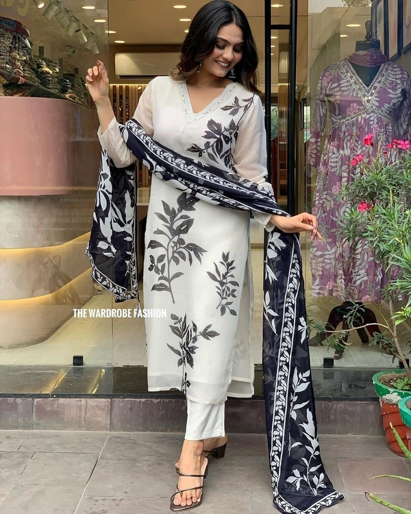 99 Fashion Bazaar Straight Kurti Set in Printed Organza with Printed Dupatta.  - White, M