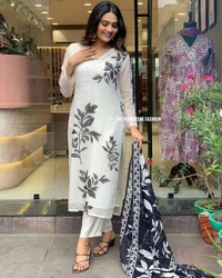 99 Fashion Bazaar Straight Kurti Set in Printed Organza with Printed Dupatta.  - White, M