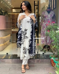 99 Fashion Bazaar Straight Kurti Set in Printed Organza with Printed Dupatta.  - White, M