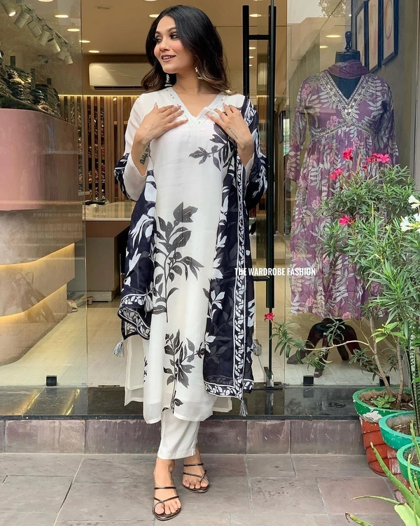 99 Fashion Bazaar Straight Kurti Set in Printed Organza with Printed Dupatta.  - White, M