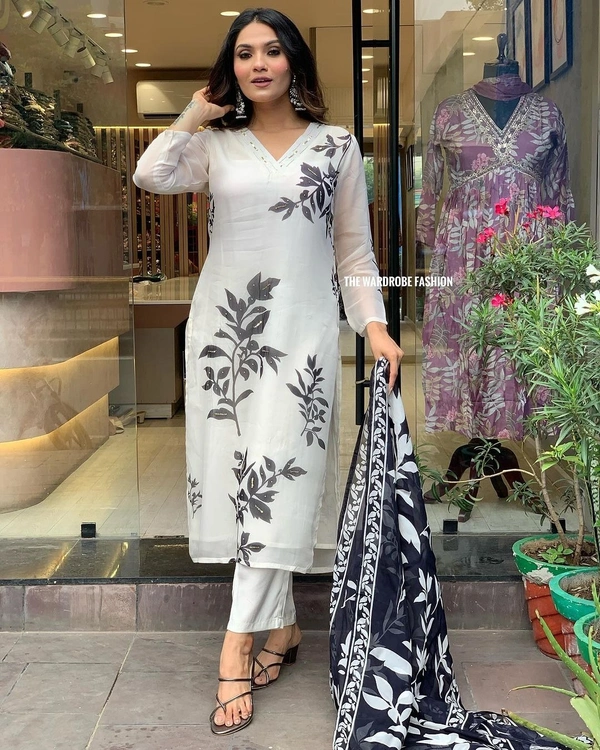 99 Fashion Bazaar Straight Kurti Set in Printed Organza with Printed Dupatta.  - White, M