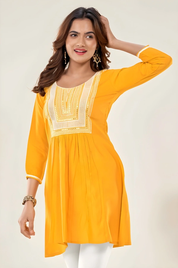 99 Fashion Bazaar  Casual Wear Embroidered Flaired Top - Corn, M
