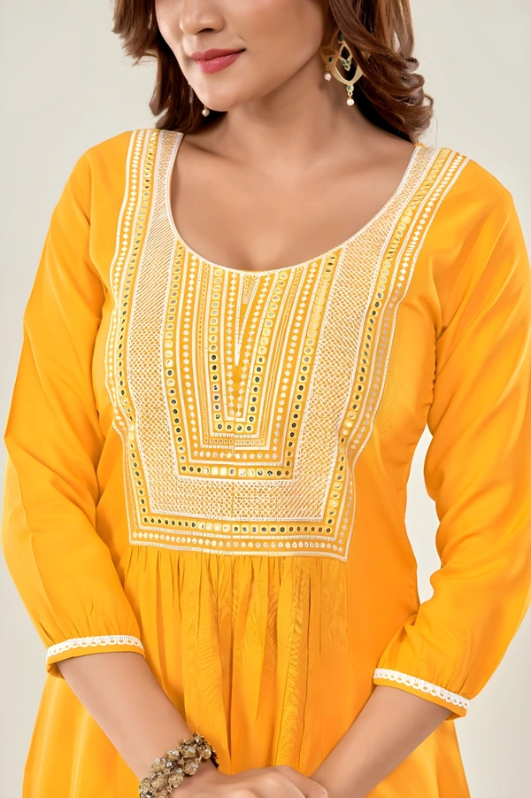 99 Fashion Bazaar  Casual Wear Embroidered Flaired Top - Corn, XL