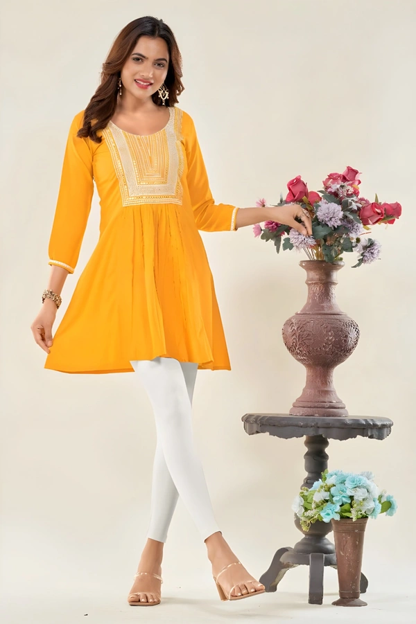 99 Fashion Bazaar  Casual Wear Embroidered Flaired Top - Corn, S