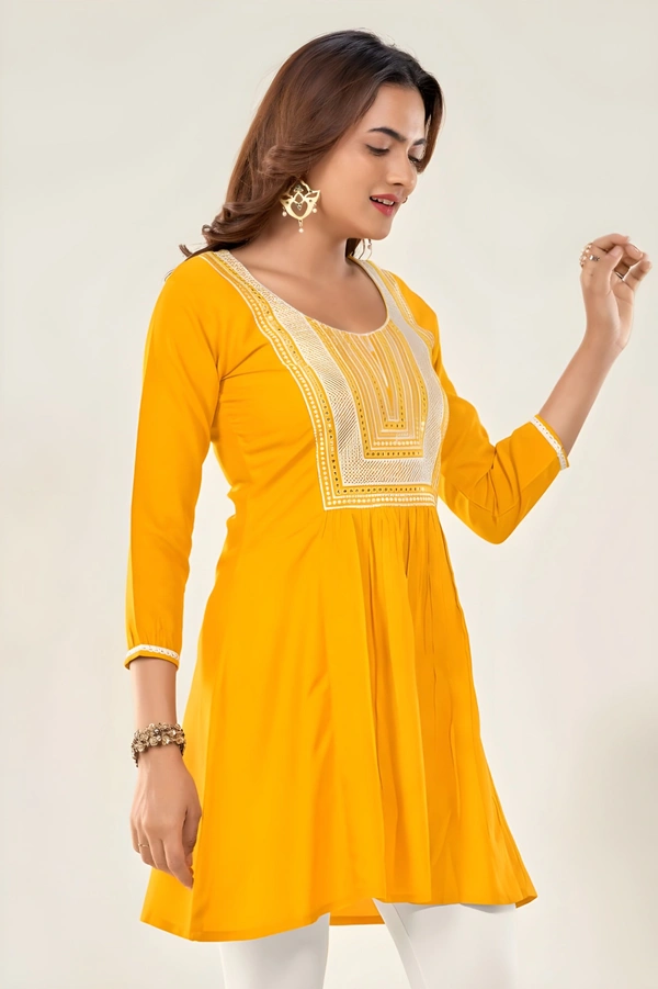 99 Fashion Bazaar  Casual Wear Embroidered Flaired Top - Corn, M