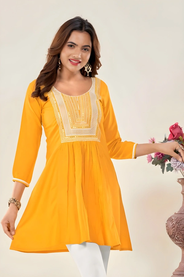 99 Fashion Bazaar  Casual Wear Embroidered Flaired Top - Corn, XL