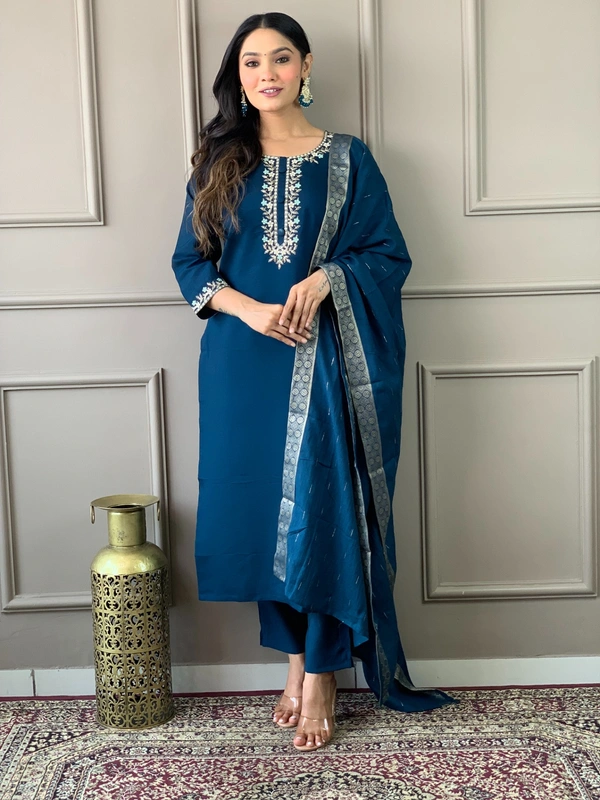 99 Fashion Bazaar Straight Kurti Set with Dupatta in Viscose Chanderi Fabric with Embroidery.  - Jacksons Purple, S