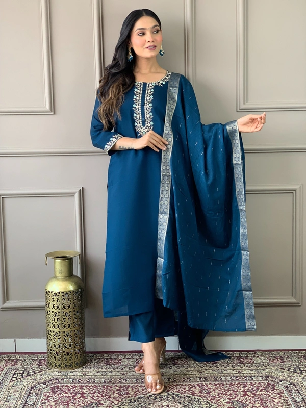 99 Fashion Bazaar Straight Kurti Set with Dupatta in Viscose Chanderi Fabric with Embroidery.  - Jacksons Purple, S