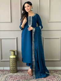 99 Fashion Bazaar Straight Kurti Set with Dupatta in Viscose Chanderi Fabric with Embroidery.  - Jacksons Purple, S