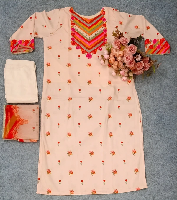 99 Fashion Bazaar Kurti Set with Dupatta in Crepe Fabric in Hand Embroidery - Zombie, XXL