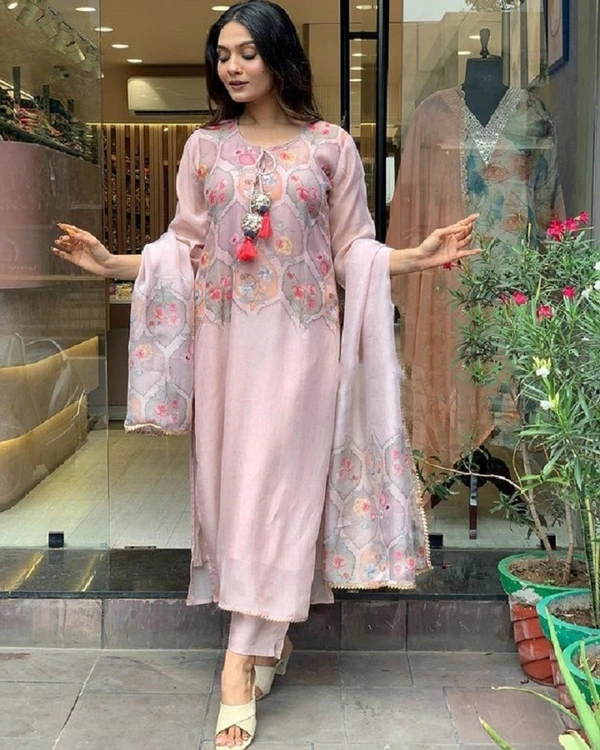 99 Fashion Bazaar Straight Kurti Set in Organza with Printed and Lace Detailed Dupatta. - Beauty Bush, XXL