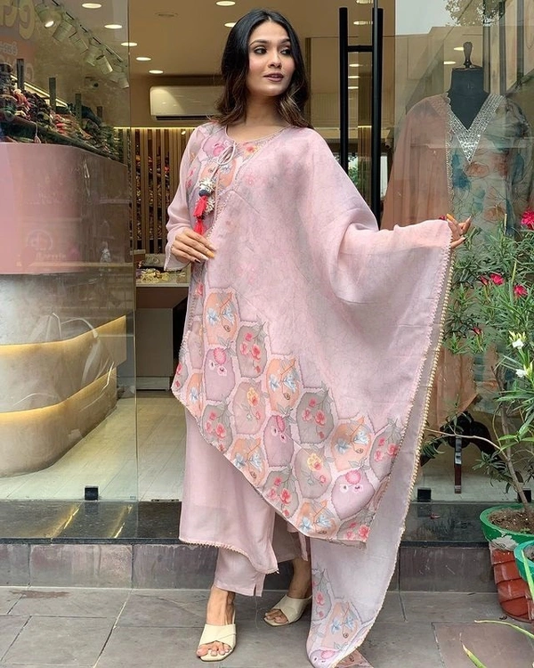 99 Fashion Bazaar Straight Kurti Set in Organza with Printed and Lace Detailed Dupatta. - Beauty Bush, XXL