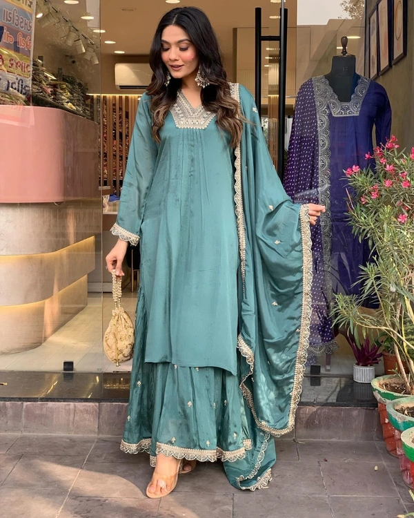 99 Fashion Bazaar Wedding Collection Blue Kurti and Plazzo Set in Beautiful Embroidery.    - De York, L