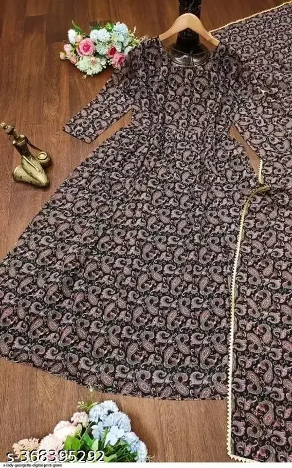 99 Fashion Bazaar Flaired Gown Set with Dupatta in Georgette Fabric - Mine Shaft, S