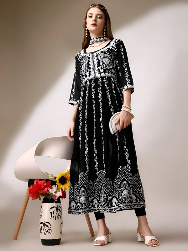 99 Fashion Bazaar Women's Chikankari Kurta with Dupatta Set - Black, L