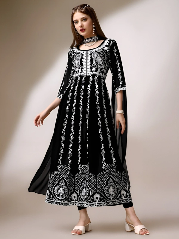 99 Fashion Bazaar Women's Chikankari Kurta with Dupatta Set - Black, L
