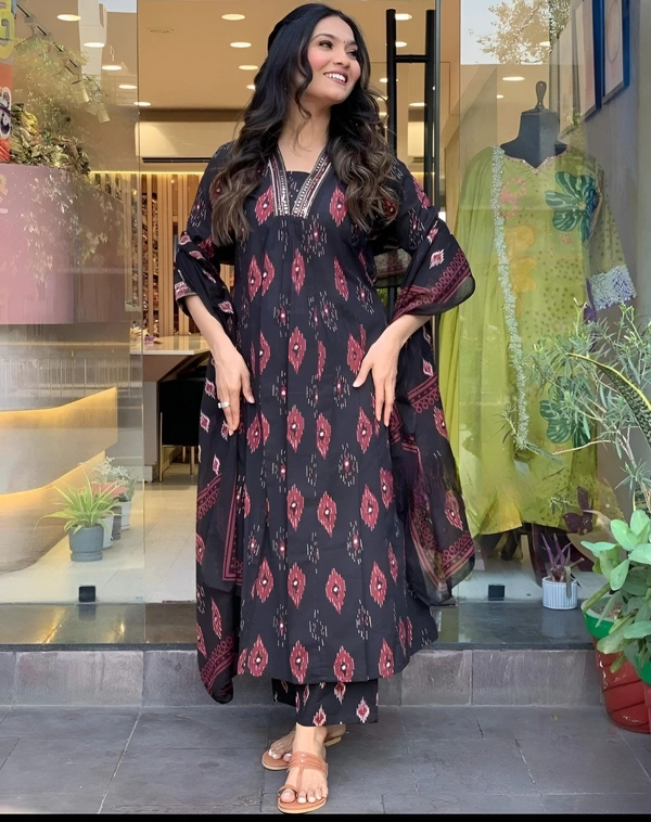 99 Fashion Bazaar  Pure Cotton Naira Cut Flaired Kurta Set with Dupatta - Black, S
