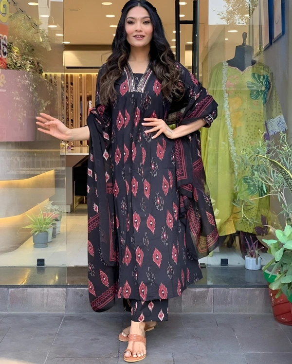 99 Fashion Bazaar  Pure Cotton Naira Cut Flaired Kurta Set with Dupatta - Black, S