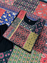 99 Fashion Bazaar Heavy Chinon Fabric Kurti Set with Printed Lace Dupatta - Black, M