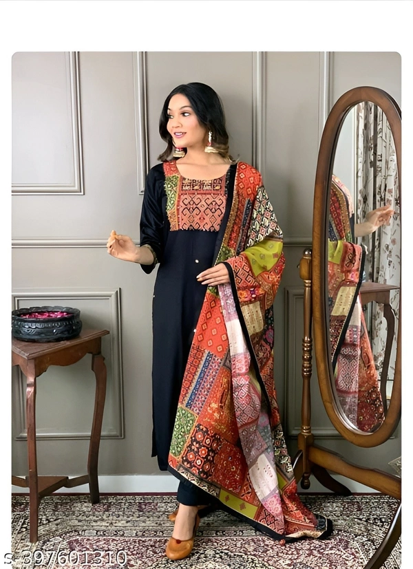 99 Fashion Bazaar Heavy Chinon Fabric Kurti Set with Printed Lace Dupatta - Black, XL